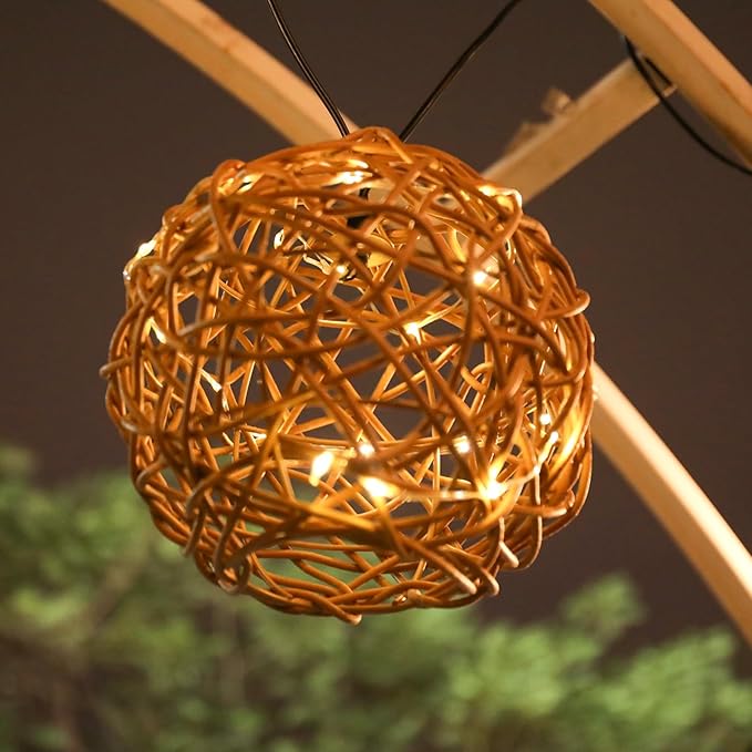 Solar Pendant Lights Outdoor Chandelier 7.5" Outdoor Rattan Solar Fairy String Hanging Lights Ball with Remote 4 Modes Lighting Waterproof Rattan Lantern Lighted Orb for Garden Porch Patio