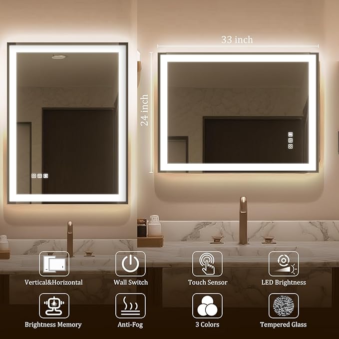 24"X32" LED Bathroom Mirror with Lights, Mirror for Bathroom Wall with Frontlit and Backlit, IP54 Enhanced Anti-Fog, Bathroom Vanity Mirror 3 Colors Dimmable CRI>90 Double Lights, HD Tempered Glass