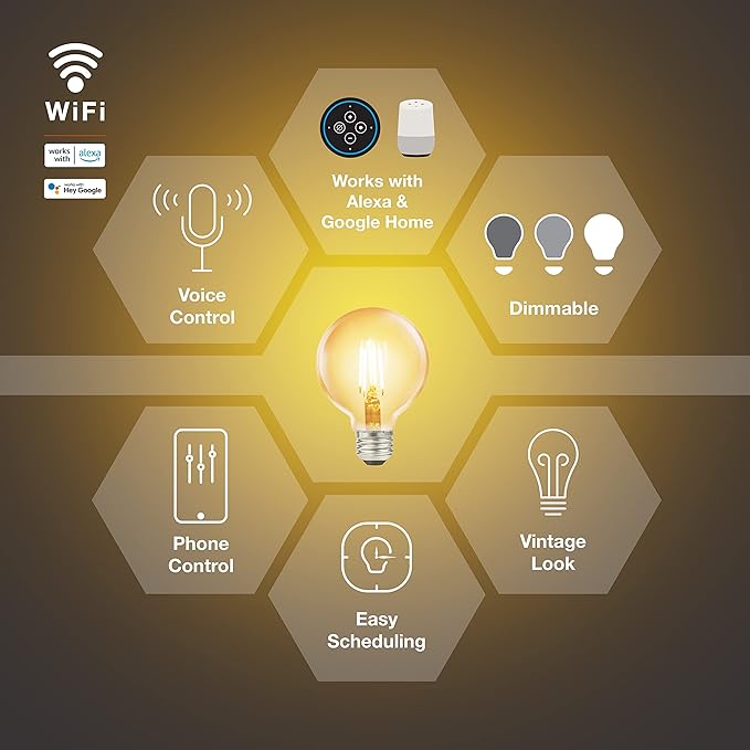 Sylvania WiFi LED Smart G25 Amber Finish Light Bulb, 3.5W Efficient, for Alexa/Google Assistant, 2000K, No Hub Required - 1 Pack (75801)