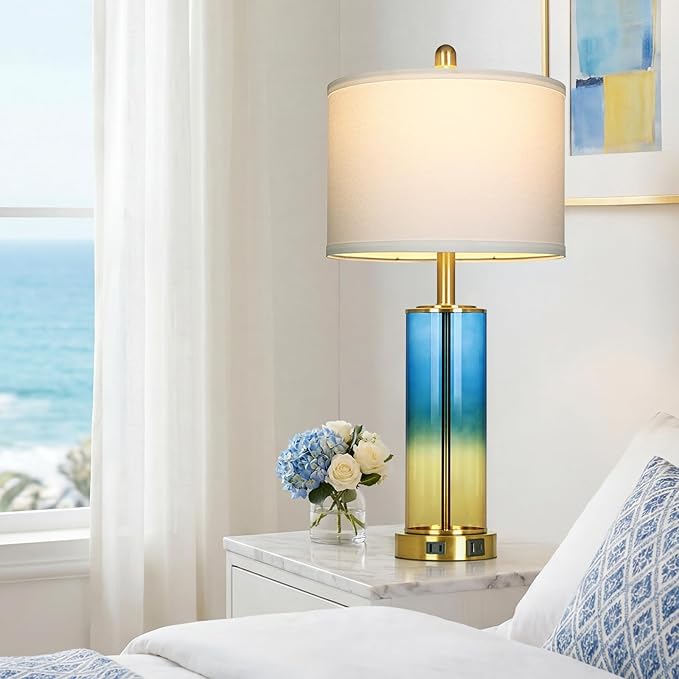 26" Blue and Gold Glass Lamps Set of 2, 3-Way Dimmable Touch Coastal Bedroom Table Lamp with USB C+A Ports & AC Outlet, Elegant Brass Living Room Lamp, Nautical Bedside Lamps for Night Stands