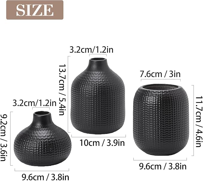Black Ceramic Vases for Decor, 3 Set Weave Style Modern Minimalist Farmhouse Decoration for Table Shelf, Bookshelf Decoration