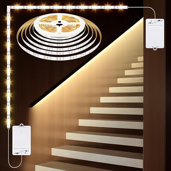 OMIKA Dual Sensor Stair Lights Indoor, Rechargeable 16.4ft LED Strip Light, 150 LEDs Double Motion Activated Under Bed Night Lights for Shelves, Stairway, Closet, Corridor, Bedroom, 4000K Nature White