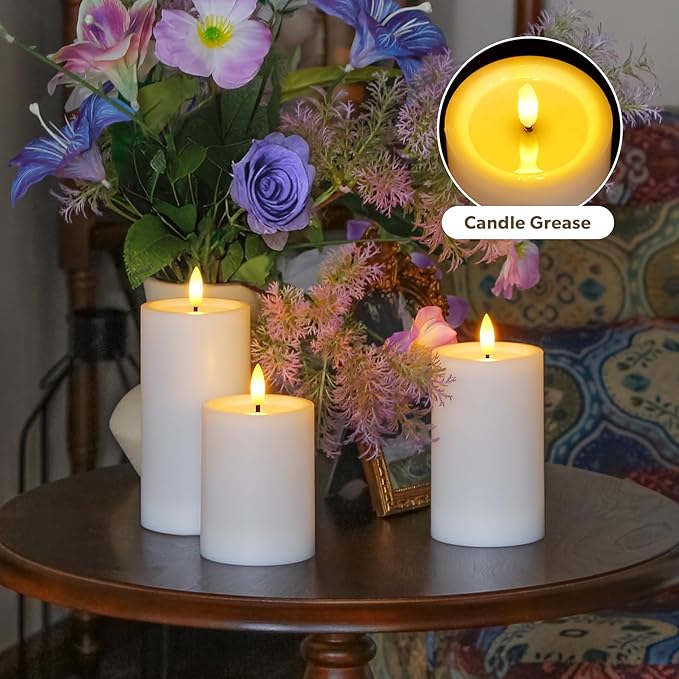 Outdoor 6pcs Flameless Waterproof Candles with Handy Remote Control, Cycle Timer Battery Operated Candle Grease Effect LED Flickering Pillar Plastic Long Lasting (White, 3" x4" 5" 5" 6" 6" 7")