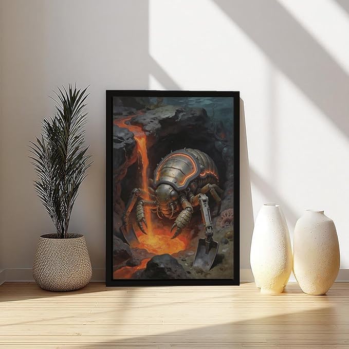 Framed Steampunk Mechanical Trilobite Wall Art - Volcanic Underwater Retro Poster for Garage Apartment Decor 16x24in
