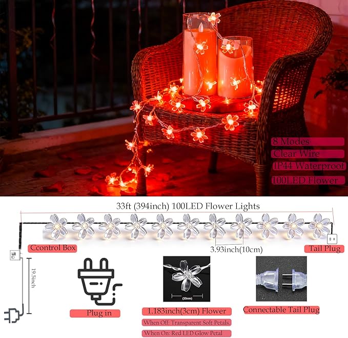 Cherry Blossom Flower String Lights, 100 led 33 feet 8 Mode Plug in Fairy Lights for Valentine's Day, Wedding, Birthday Party, Christmas Easter Tree Hanging Decorations (Red)