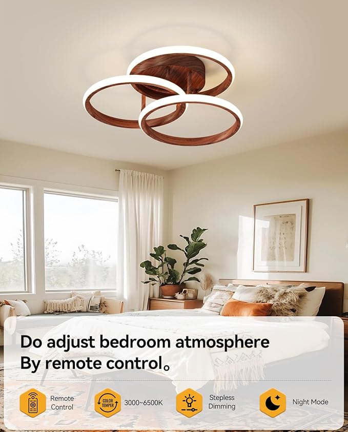 Dimmable LED Semi Flush Mount Ceiling Light Fixture with Remote Control 3-Color Dimming Circle Modern Chandelier, Close to Ceiling Bedroom Kitchen Hallways Balcony Corridor Lamp (15in- 3 Ring Wood)