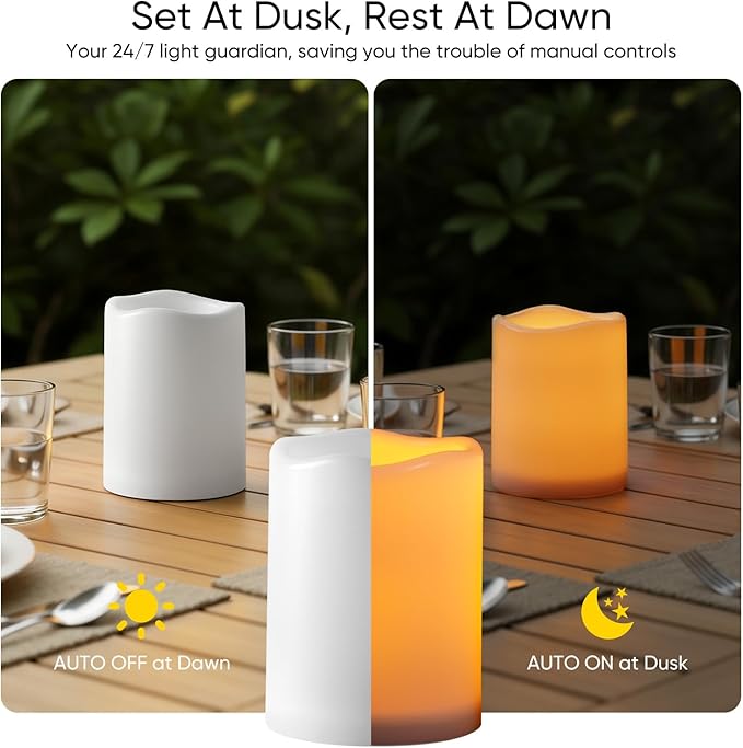 Raycare 3"x4" Outdoor Waterproof Flameless Candles-Auto Light Sensor Dusk to Dawn, 2Pcs Flickering LED Candle, Battery Operated Electric Fake Pillar Candle for Garden, Porch, Patio, Lantern Decor
