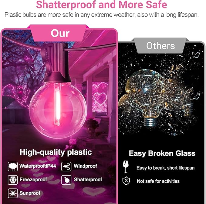 LAMPHOME 2 Pack 26FT G40 Pink Valentine's Day LED String Lights, 13 Shatterproof Globe Bulbs, Outdoor Hanging Patio Lights for Home Balcony Backyard Wedding Party Decor