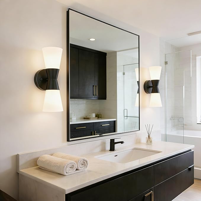 Wall Sconces Set of 2 for Bathroom, Modern Indoor Vanity Light Fixtures 13", Up Down Lighting, Wall Mount Lamp for Living Room Bedroom Hallway Stairway Fireplace Mirror E26 Base 2PC White&Black