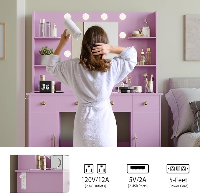 Makeup Vanity Desk with Mirror and Lights, 43" Purple Vanity Set with 3 Drawers, Power Outlet & Adjustable RGB LED Lights, Dressing Table with Storage Shelf for Women & Girls Bedroom