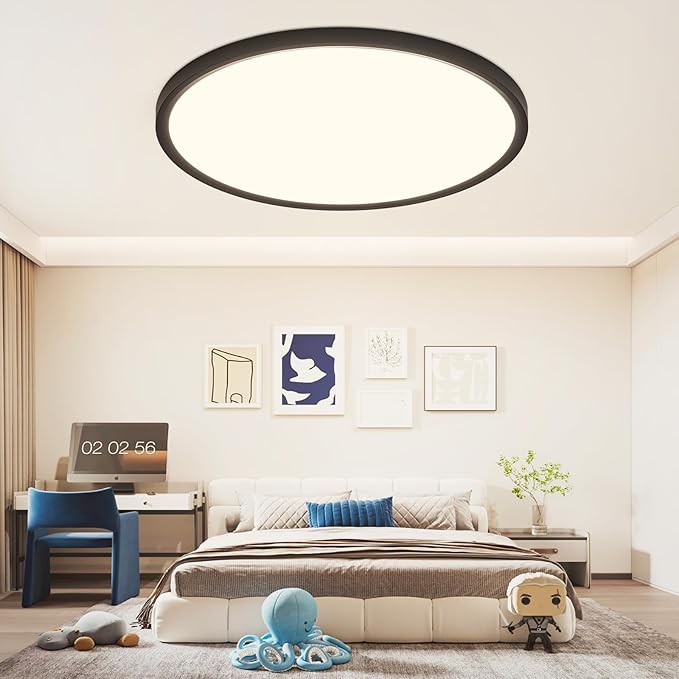 24 Inch LED Flush Mount Ceiling Light Fixture,Dimmable Ultra Thin Low Profile,48W 4800 Lumens,3 CCT Color Selectable,Modern Round Black Ceiling Light for Living Room,Bedroom,Kitchen,Office