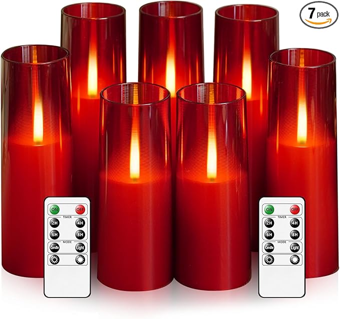 Flameless LED Candles Upgraded Realistic Flickering Flame,7Pcs Battery Operated Candles with Remote Timers,LED Pillar Candles for Home Decor,Christmas,and Parties(Red)