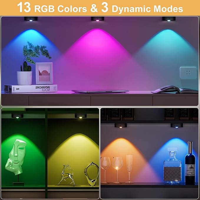 Puck Lights with Remote, Rechargeable Touch Push Lights, 13 RGB Colors Led Under Cabinet Lighting, 1500mAh Wireless Tap Light, Stick on Closet Light for Kitchen, Pantry, Shelves (Black 6 Pack)