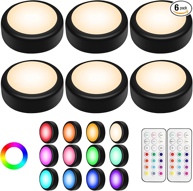 Alivation Puck Lights with Remote Control, LED Under Cabinet Lighting Wireless, LED Light Battery Operated, Tap Battery Powered, Stick on Push Lights for Closet, Kitchen, Wall, Counter (Black)