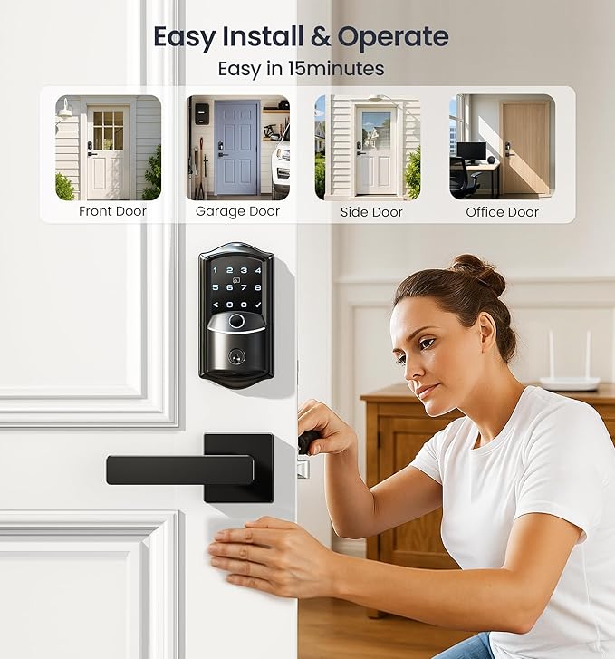 Veise VE027-L Built-in WiFi Smart Lock with Handles, Fingerprint keyless Entry Door Lock Set, App Remote & Voice Control, Electronic Deadbolt for Front Door, Touchscreen Keypad, Auto Lock, Matte Black