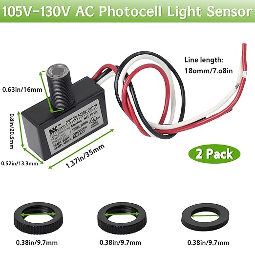 2-Pack 105V-130V AC Photocell Light Sensors，Automatic Dusk-to-Dawn Illumination Switches - Weatherproof，Fit for Outdoor Lighting， Photoelectric Controls with Sunrise & Sunset Detection