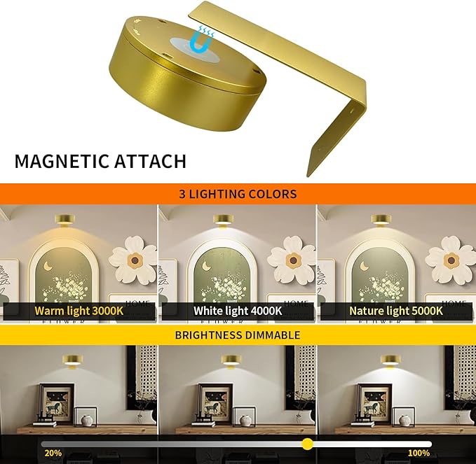 Battery Picture Light 3Pack Gold,Wireless Painting Light with Remote,3 Lighting&Dimmable,Wall Art for Painting Accent Light &Timer for Pictures Frames Gallery Potrait Magnetic
