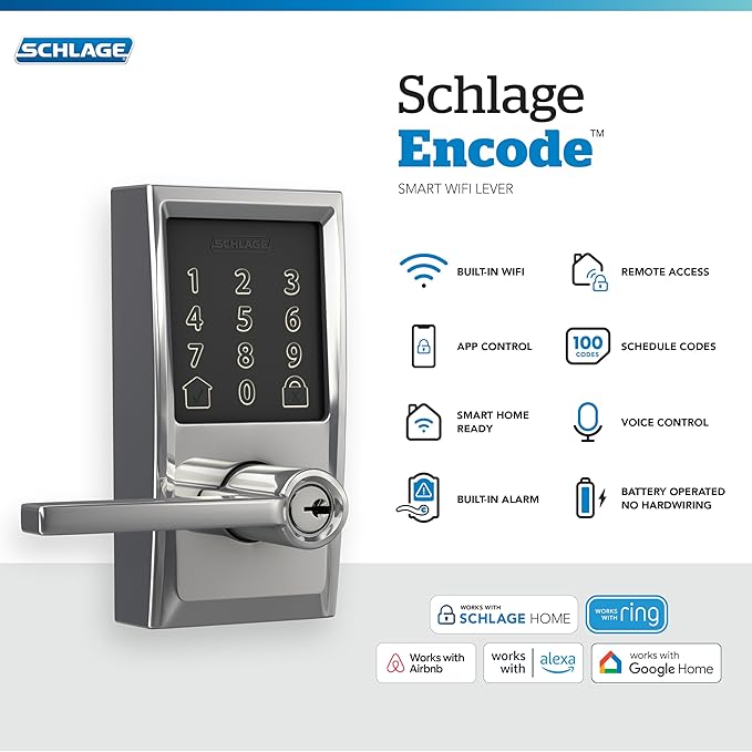 Schlage Encode Smart Wi-Fi Lock with Lever Handle, Touchscreen Keypad, Keyless Entry Door Lock, App Control, Alexa, Google Home and Airbnb Compatible, Bright Chrome, FE789WB CEN 625 LAT