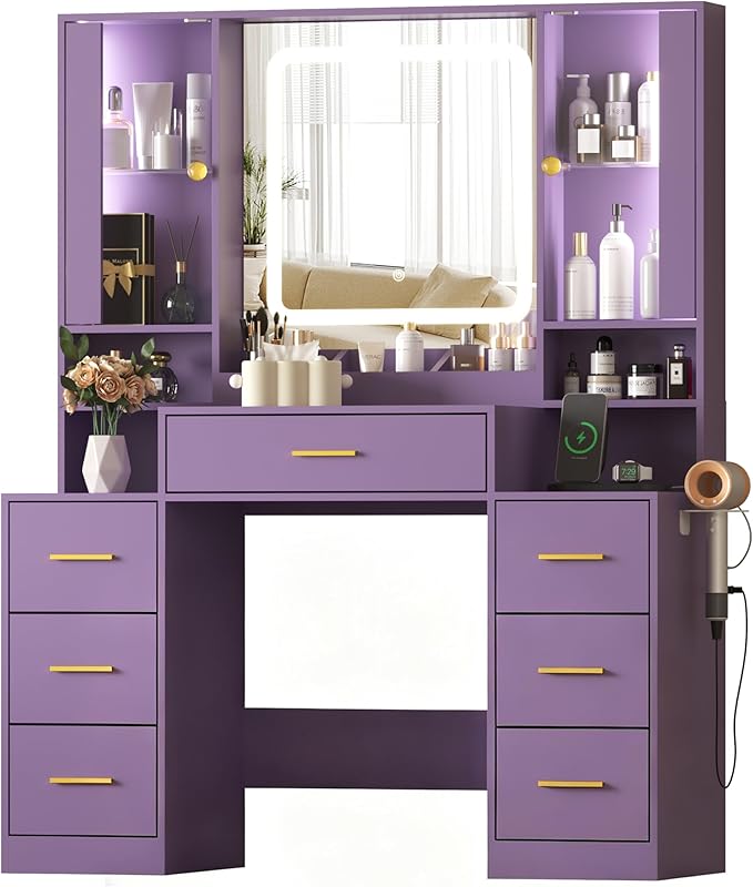 Purple Makeup Vanity Desk with Mirror & Lights, Modern Vanity Table with Charging Station, 7 Drawers, Glass Cabinet, Adjustable Shelves, Bedroom Dressing Table Set for Women & Girls