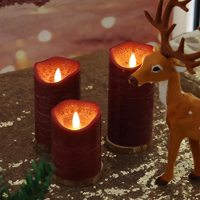 Flameless LED Candles Set of 3 (D 3’’ x H 4’’ 5’’ 6’’) Real Wax Battery Operated Candle with Timer Home Decorative Pillar Flickering Lights,Wedding Party Events Decor,Burgundy