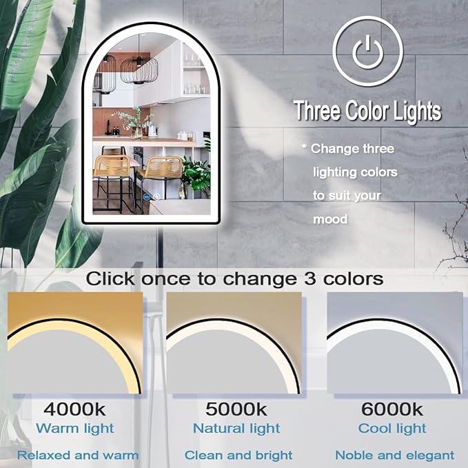 20 x 28 Inch Black LED Arch Mirror with Lights Black Frame Arched LED Vanity Mirror for Bathroom Wall Makeup Desk Black Framed Arch Lighted Mirror 3Color AntiFog 28" Arch Smart Light up Mirror