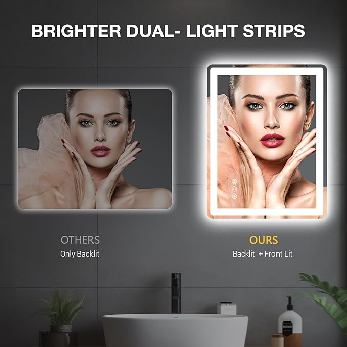 28x36 LED Bathroom Mirror with Front and Backlight, Anti-Fog, Dimmable, Lighted Bathroom Vanity Mirror for Wall, Shatter-Proof Led Mirror for Bathroom, Tempered Glass(Horizontal/Vertical)