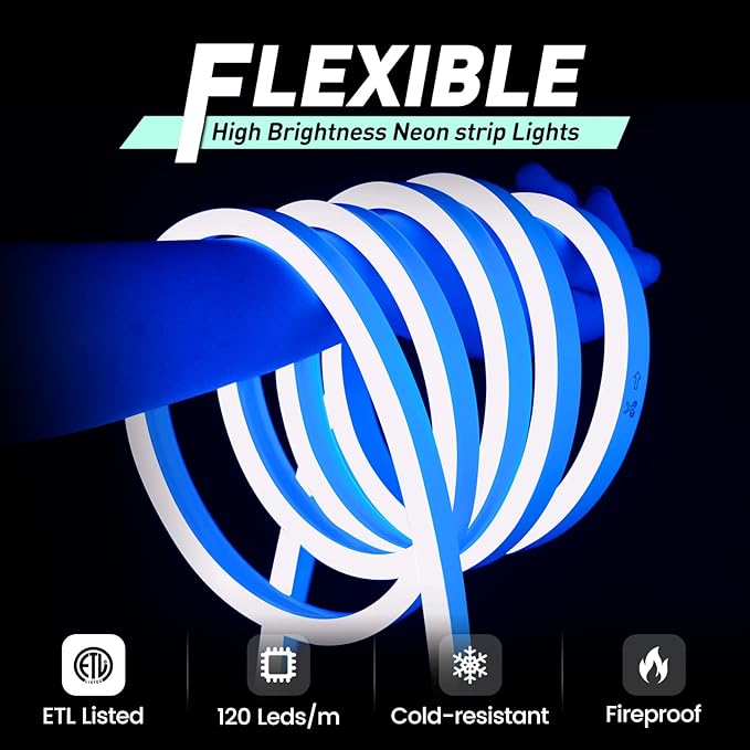 GZBtech Flexible LED Neon Rope Lights 16.4FT,AC 110-120V Waterproof Neon Strip Light, 120LEDs/M Cuttable Connectable Rope Lighting for Indoor Outdoor Home Decor/Commercial Use-Blue 5M, ETL Listed