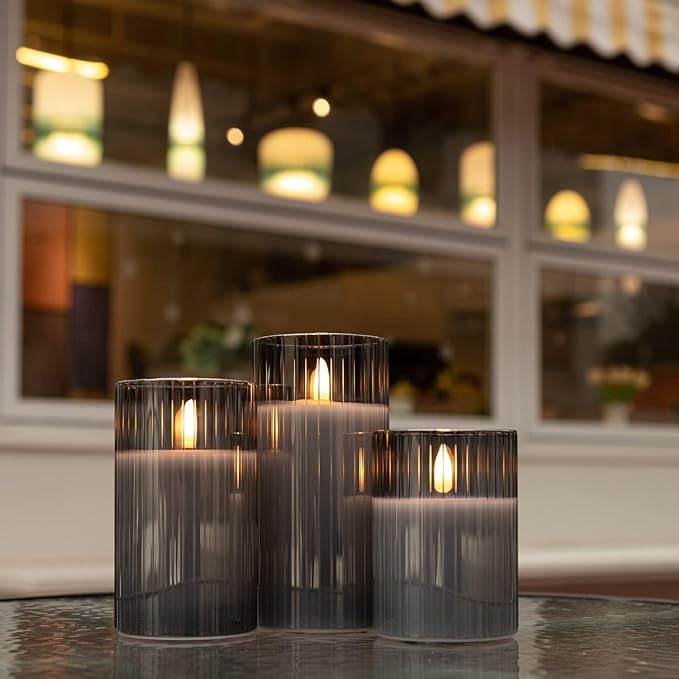 ANGELLOONG Gray Flameless Candles with Remote, Battery Operated Candles with Timer, LED Candle Flickering Pillar, Fake Electric Candles for Home Bathroom Shelf Decor, Set of 3