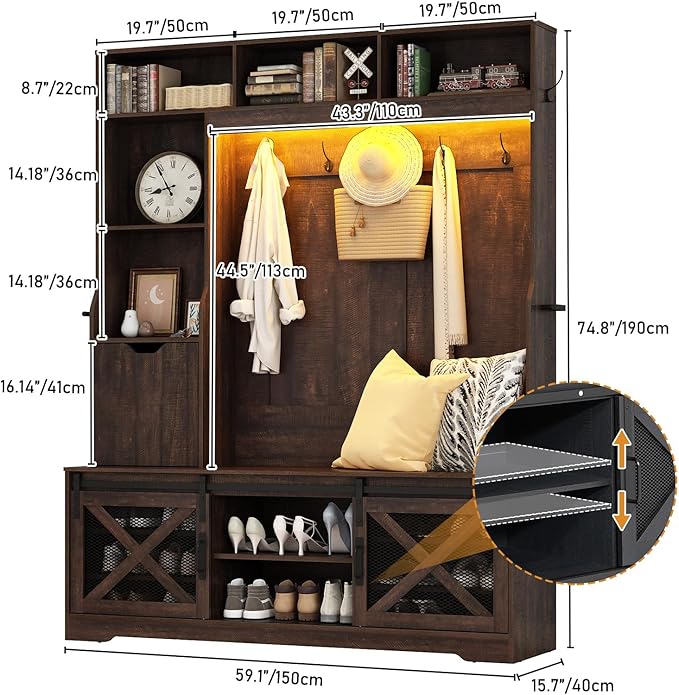 75''H LED Farmhouse Hall Tree with Bench and Shoe,Entryway Bench with Coat Rack,16 Shoe Cubbies & Umbrella Holder and Sock Storage Drawer,Mudroom/Hallway Storages Cabinet(Brown)