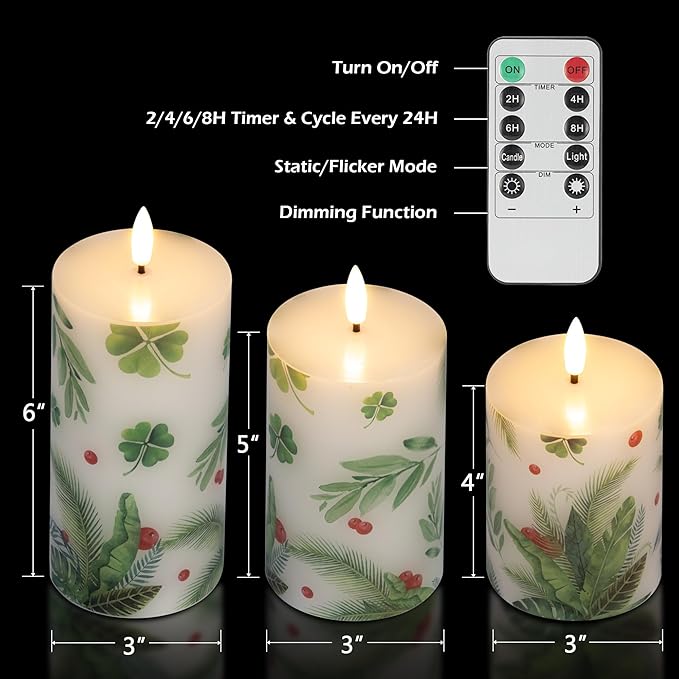 Flameless Pillar Candles with Remote, 3 Pack Battery Operated Real Wax Green LED Candles, Perfect for Spring Summer Home Decorations Fireplace Table, Shamrock