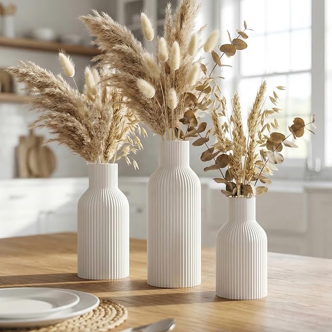 White Ceramic Vases Set of 3 - Modern Matte Ribbed Vases for Pampas Grass & Dried Flowers - Minimalist Decorative Centerpieces for Living Room, Shelf, Entryway & Wedding