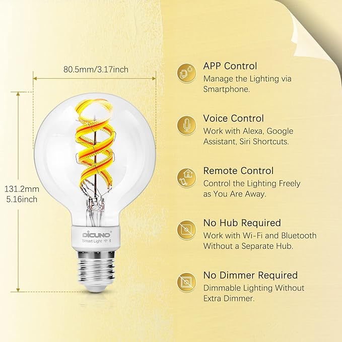 DiCUNO Smart Edison Bulb G80, Color Changing WiFi Smart Light Bulb, Vinatge Globe Filament Bulb Compatible with Alexa & Google, Dimmable with App, 50 Watt Equivalent 450LM, No Hub Required, 2 Pack
