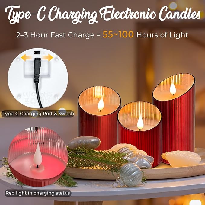 Rechargeable Flameless Candle, Flickering LED Pillar Glass Fake Candle with Remote and Timer, Built-in Battery Real Wax Electronic Candle for Room Decoration, Set of 3