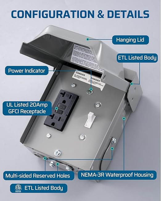 DEWENWILS Outlet Box with Switch, 20 AMP Outdoor Electrical Outlet Box with WRTR GFCI Receptacle, Rainproof 3R Enclosure, Metal Power Switch Cover for Backyard, Outdoor Lighting, ETL Listed