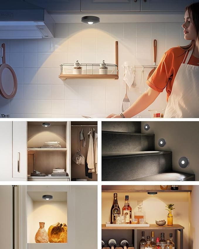 Rechargeable Puck Lights With Remote Control, 1500mAh Battery Operated Tap Lights, Dimmer & Timer Under Cabinet, Wireless LED Stick-On for Closet, Bedroom, Kitchen - Black 3Pcs