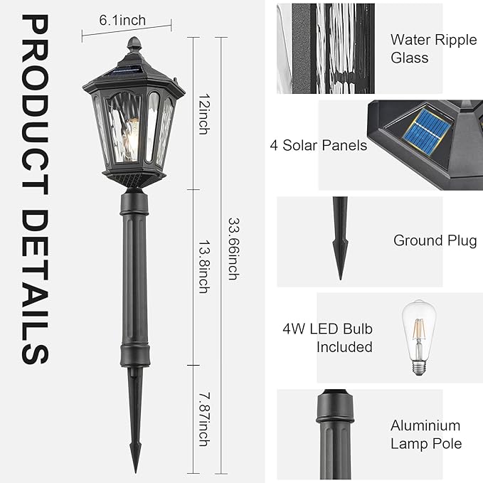 LED Solar Post Lights, Outdoor Waterproof Solar Pathway Lights Exterior Auto On/Off Garden Pole Stake Lighting Outside Dusk to Dawn Lamp for Lawn Path Walkway, Ground Plug, Remote Control