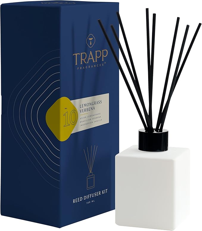 Trapp - No. 10 Lemongrass Verbena - Reed Diffuser Kit - Includes Set of Reeds, Scented Diffuser Oil (4 oz.), Vase - Lasting Scent Notes of Asian Lemongrass, Brazilian Verbena, and Indonesian Vanilla