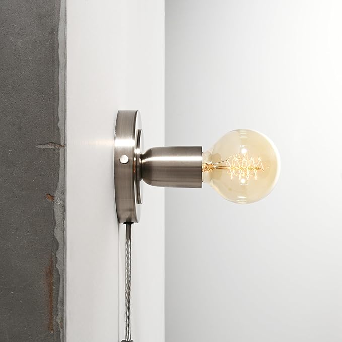 BRIGHTTIA Luna 1-Light Plug-in Wall Sconce - Mid Century Modern Minimalist Bedroom Home Office Lighting - Portable Wall Lamp for Apartments & Small Spaces with No J-Box - Brushed Nickel (BW0026-1NP)