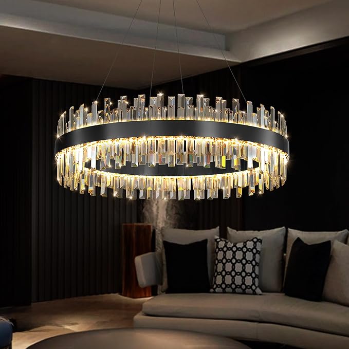 Glam Crystal Chandelier 20 Inch Ring Chandeliers with Remote Dimmable LED Light Adjustable Hanging Lights Luxury Ceiling Pendant Lighting Fixtures for Living Dining Bedroom Foyer Black Light