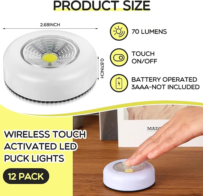 Macarrie 12 Pack Wireless LED Puck Lights, Under Cabinet Lighting, 70 Lumens Portable Touch Light, Stick on Battery Powered, for Kitchen Closets Cabinets Garage Bedroom Shelf(Classic Style)