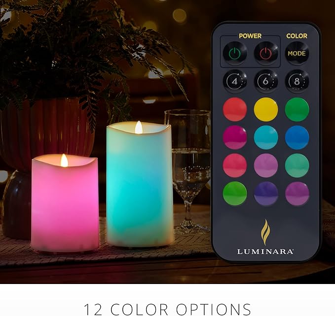 Luminara Outdoor Flameless LED Coloring Changing Candle Melted Edge 3.75" x 7" Real Moving Flame Battery Operated Timer Plastic Weather-Resistant