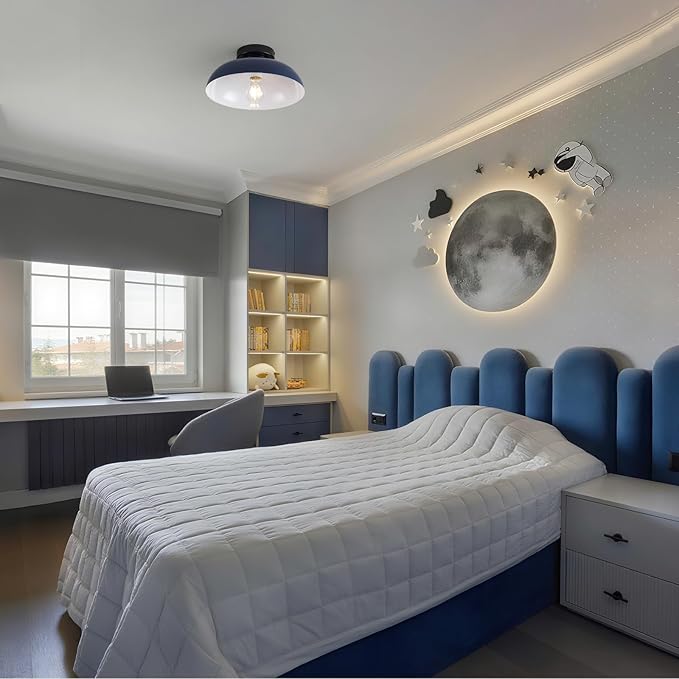2 Pack 12 Inch Metal Semi Flush Mount Ceiling Light Fixture Industrial Small Ceiling Lights Kitchen Lighting Fixtures Ceiling with Navy Blue Shade for Hallway Entryway Bedroom Foyer Bathroom Laundry