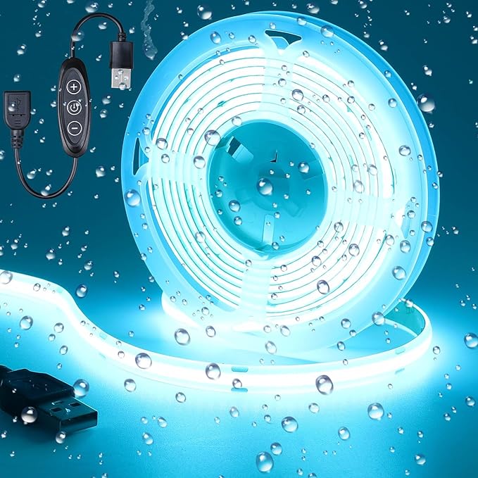 DC 5V USB COB Ice Blue LED Strip Light Dimmable USB Powered 6.6ft/2M IP65 Waterproof 640LEDs with Dimmer High Brightness Flexible LED Tape Lights