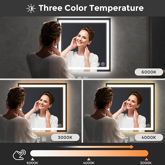 Koonmi 30x30 LED Bathroom Mirror, Backlit + Front Lit, LED Bathroom Mirror with Lights for Wall, 3 Colors, Anti-Fog, Dimmable Brightness, Memory Function, Tempered Glass
