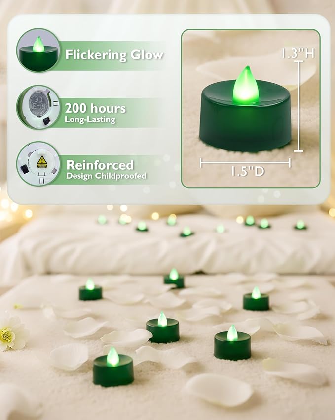 Amagic 30 Pcs Green Flickering Flameless Tea Lights Battery Operated, 200+ Hours Long Lasting Colored Candles for Party, St. Patrick, Table Centerpiece, Home Decor, Mardi Gras, Halloween, Christmas