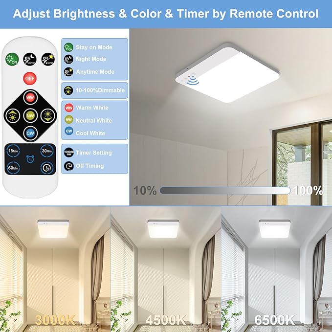 Rechargeable Motion Sensor Ceiling Light with Remote - Motion Sensor Closet Light, 400LM Magnetic Wireless Battery Operated Lights for Bathroom Shower Pantry Stairs Hallway Laundry Porch -2Pack