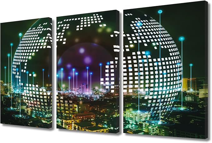 3 Pieces Communication Technology Concept Pictures Canvas Paintings Home Decor City with Wireless Network Connection Wall Art for Living Room Posters and Prints Framed Ready to Hang (36"Wx24"H)