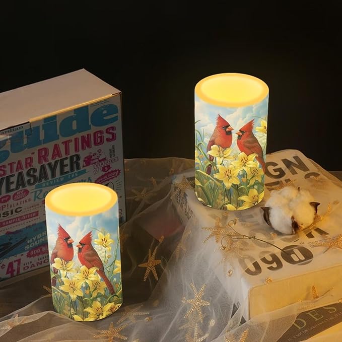 Cardinal Bird Flameless Candles 2 Pack 6 x 3 inch Battery Operated Candles with Multicolor Timer Remote Control LED Fake Candles for Warm Light Dinner Table Home Decor