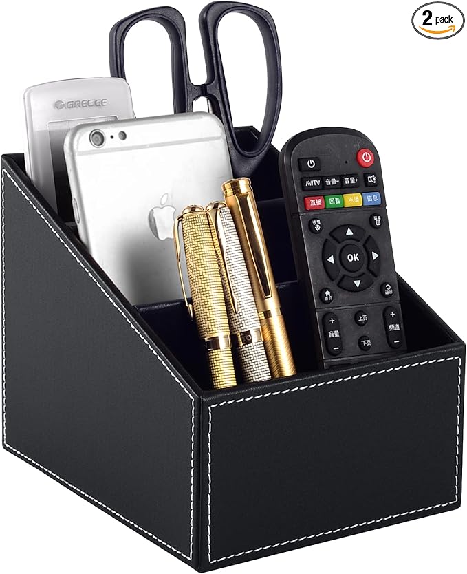 Fashionable PU Leather TV Remote Control Holder with 3 Compartments, Storage Rack, Storage Box, Media Accessory Storage, Desk Organizers (black)