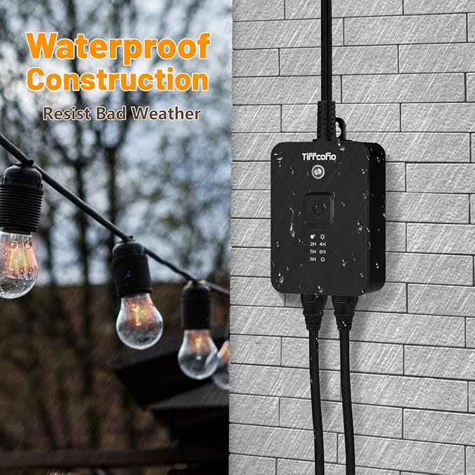 TiFFCOFiO Outdoor Timer Waterproof, Remote Control Dusk to Dawn Sensor Countdown, 100 ft Range, 2 Grouded Electrical Outlets for Home and Garden, 15A 1/2HP, Heavy Duty, ETL Listed (2 Packs)